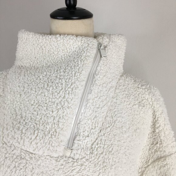 ATHLETA Ivory Asym Zip Collar Satin Trim Fur Fluffy Pullover Jacket - Picture 4 of 12